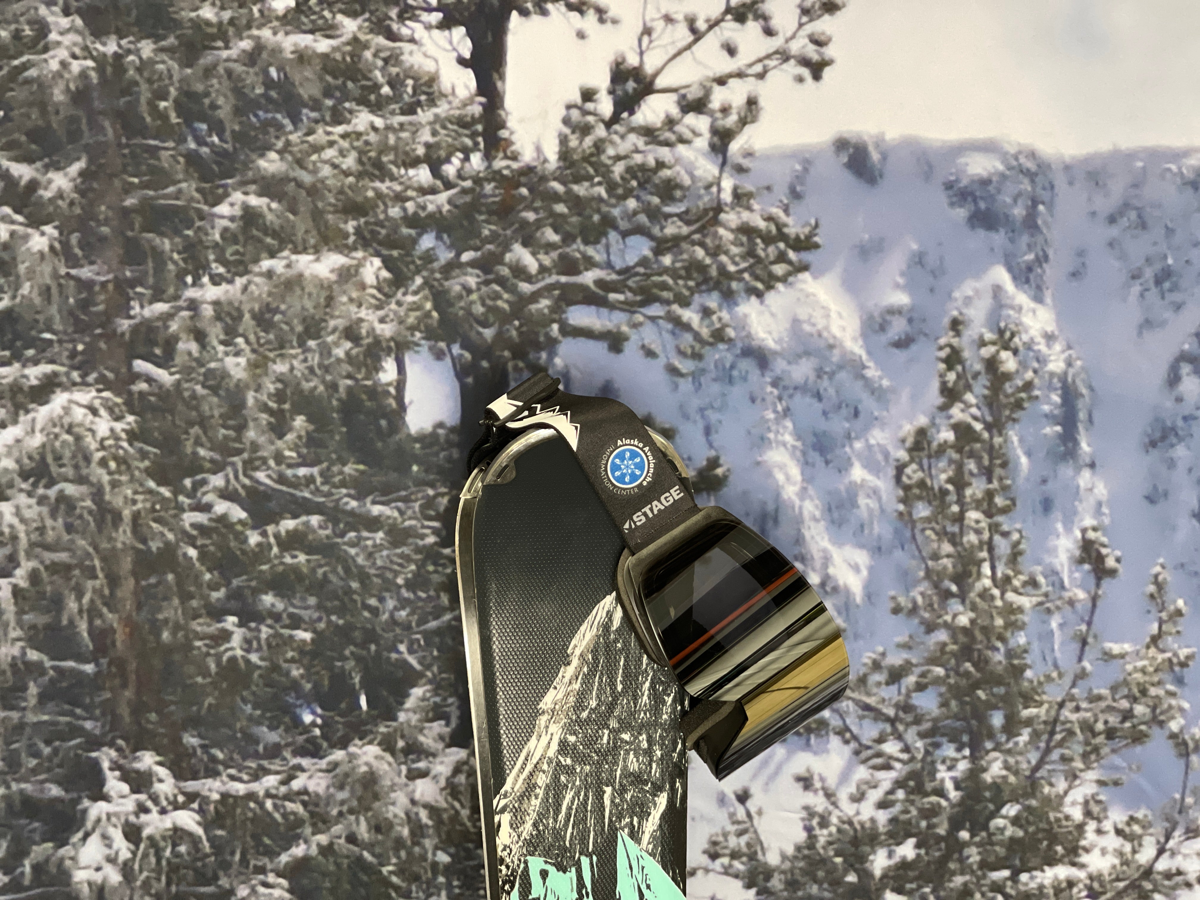 A pair of STAGE Custom Ski goggles hanging from a Nordica Ski. The snow goggles feature the Alaska Avalanche Information Center logo on the strap of the goggle. The model of the goggle is the STAGE Propnetic Magnetic Ski goggle.