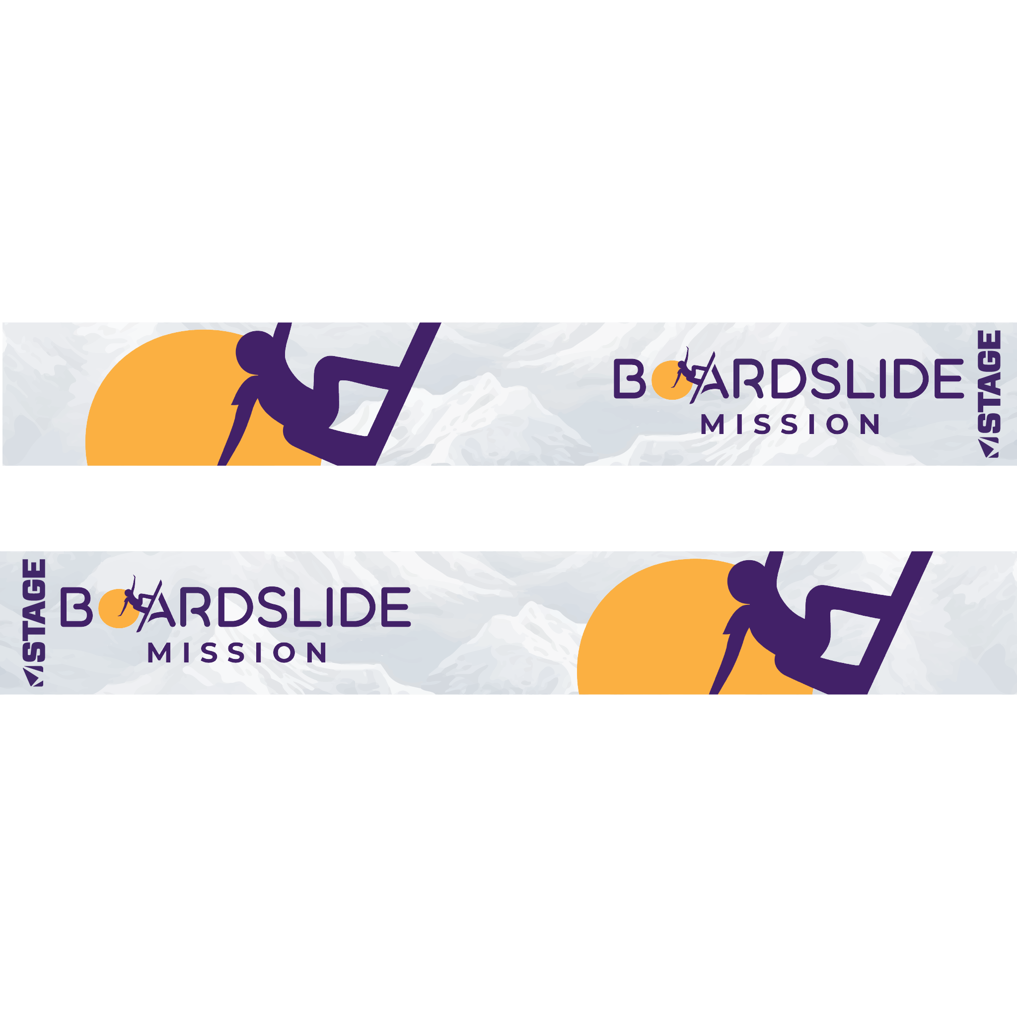 A product shot of the custom ski goggle straps featuring the Boardslide Mission logo. The custom straps also showcase the STAGE logo.