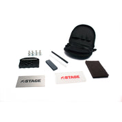 STAGE Snowboard Tuning Kit includes a carrying case, edge tuner, snowboard binding screws, clear and black p-tex, edge stone, P-tex scraper, wax scraper, and scrubber.