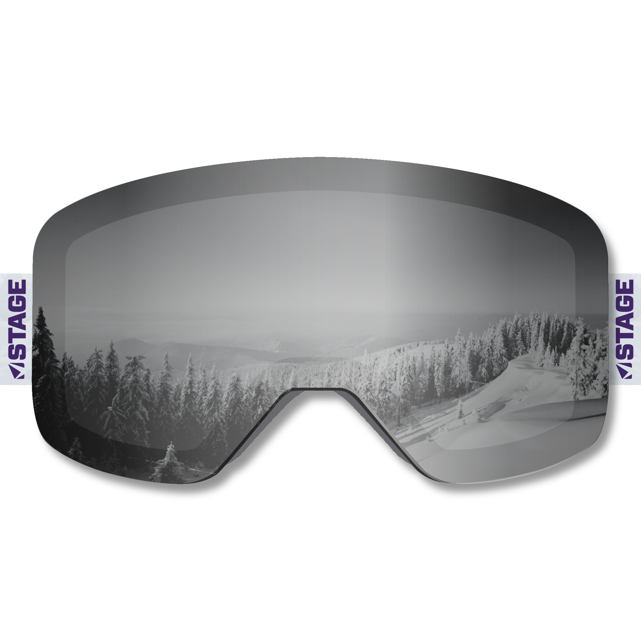 Product Shot featuring a STAGE Custom Frameless Prop Ski Goggle with Mirror Chrome Smoke lens.