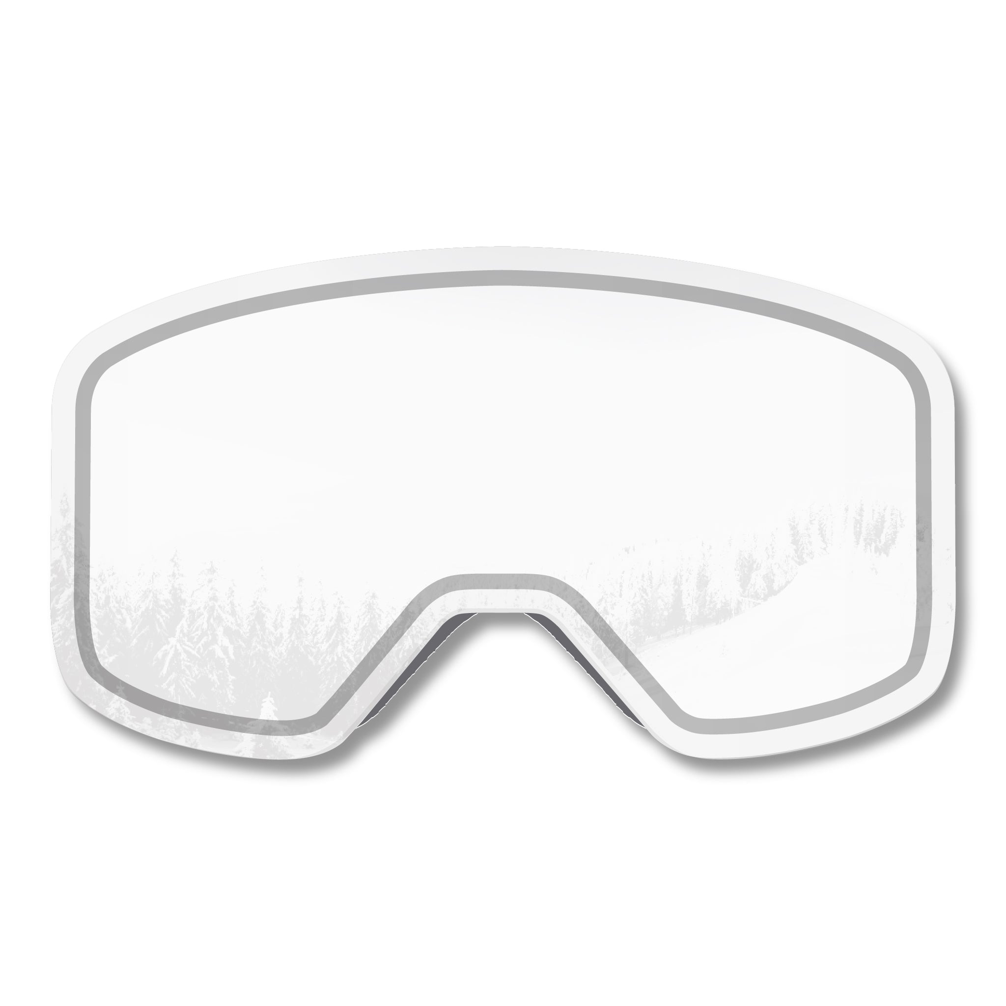 Product shot of the STAGE Propnetic Magnetic Ski Goggle Clear Lens. The lens showcases a minor reflection of trees on a ski hill. This clear lens is perfect for all-condition skiing including cloudy, stormy, and night skiing.