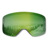 Product shot of the STAGE Propnetic Green Smoke Revo lens against a white background. The lens has a reflective REVO coating which showcases a snowy ski resort mountain.