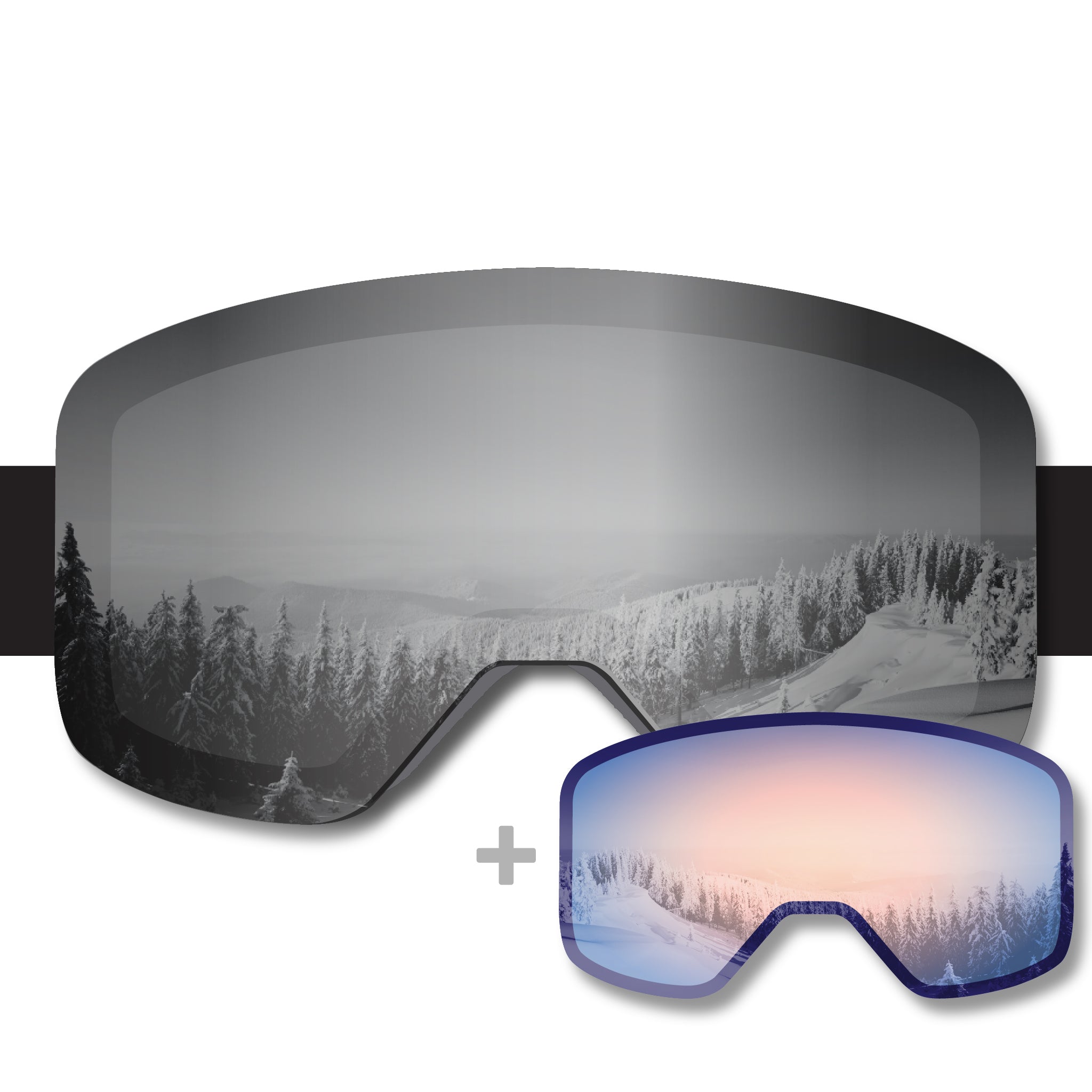 Product shot of the STAGE Propnetic Magnetic ski goggle with the Mirror Chrome Smoke Lens and Detector Revo Lens.