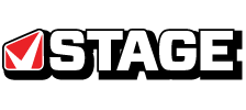 The STAGE Logo with a Black Drop-Shadow. STAGE sells ski goggles, custom ski goggles, inflatable stand-up paddleboards (SUP), and 2SIDE paddles