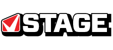 The STAGE logo featuring a red check-mark icon to the left of bold white “STAGE” lettering on a transparent background.
