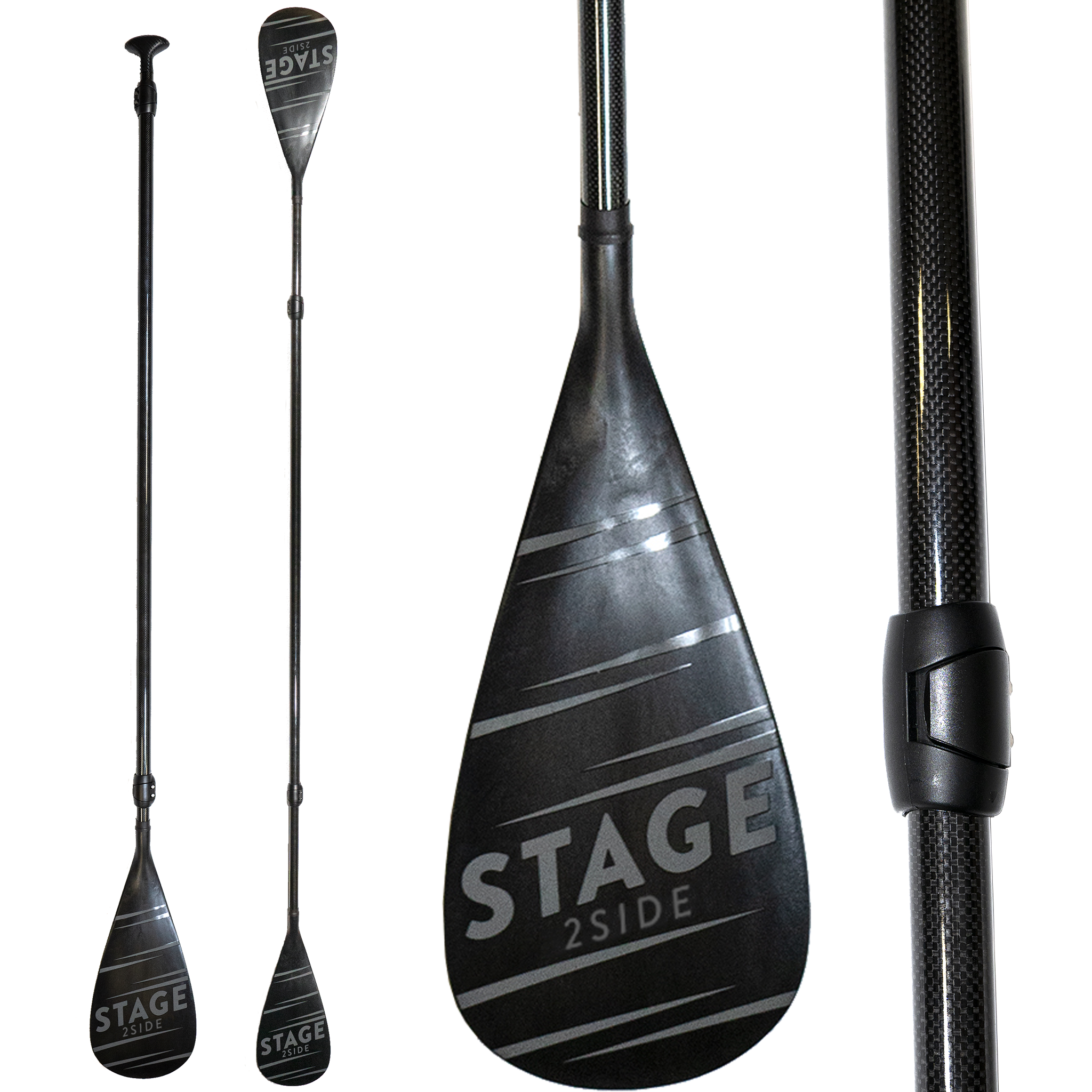 STAGE 2SIDE Double-Sided Paddleboard Paddle. This 3-pc SUP paddle is available in Aluminum, 60% Carbon Fiber, and 100% Carbon Fiber Models