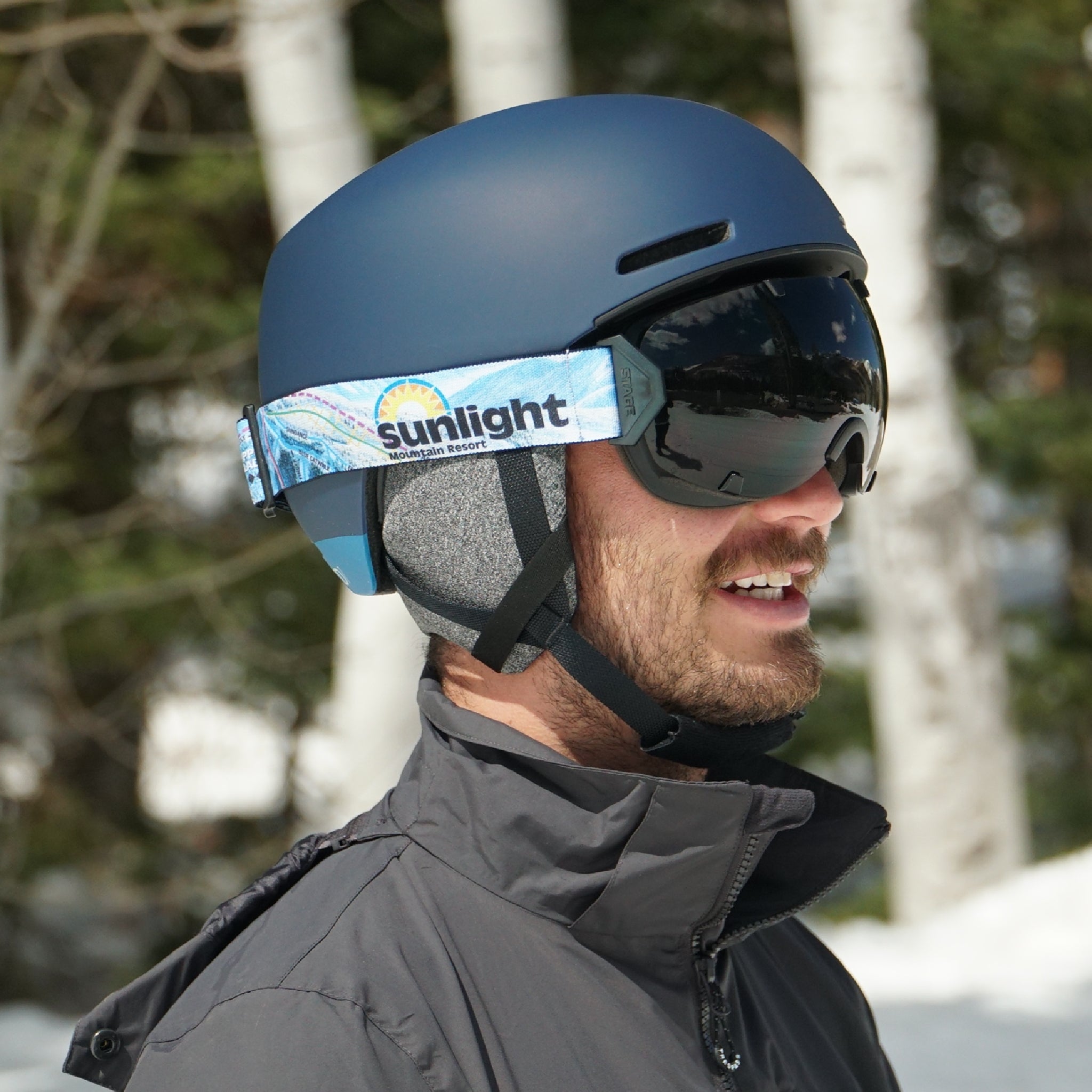 STAGE Stunt Ski Goggle - Black Frame, Dark Smoke Lens, Custom Ski Goggle Strap - Sunlight Mountain Resort